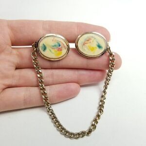 Vintage Marbled Enamel Sweater Clip with Chain, Cream and Color Ovals, Estate